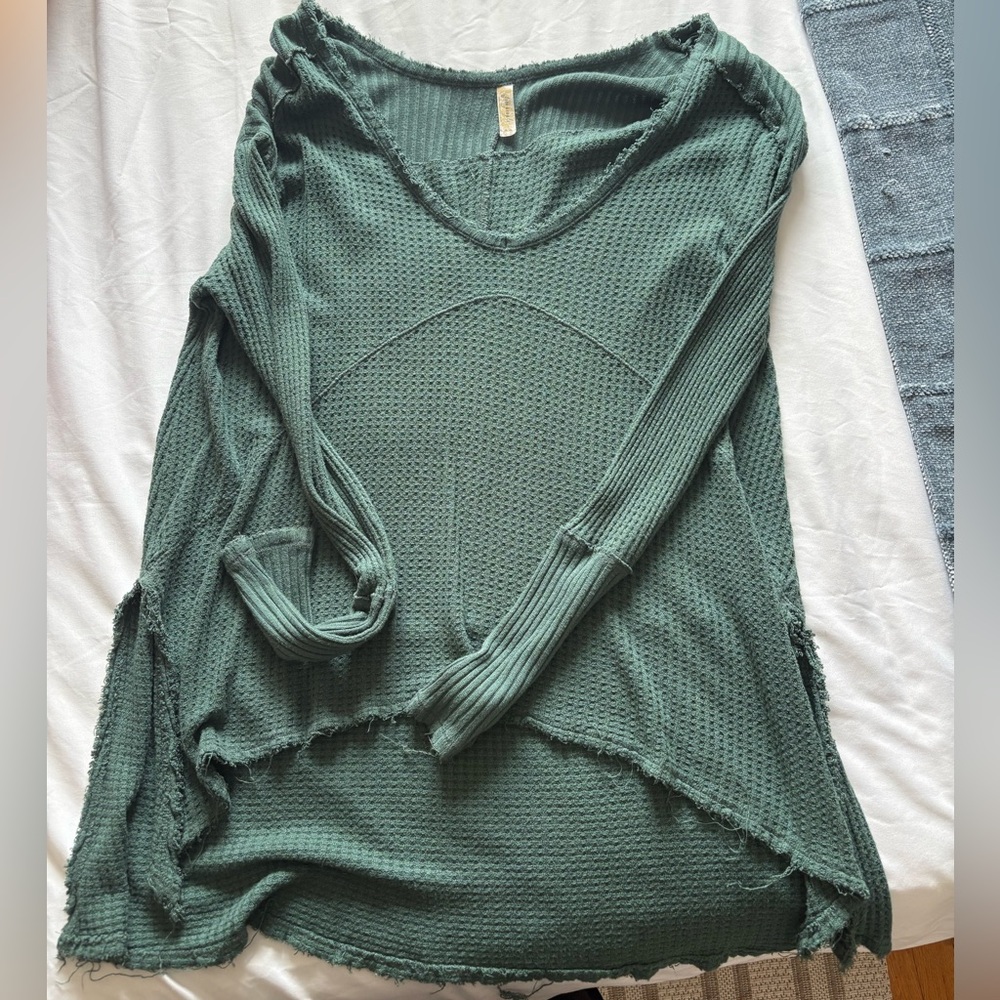 Free People Sunset Park Drippy Thermal Waffle Knit Distressed Oversized Top XS